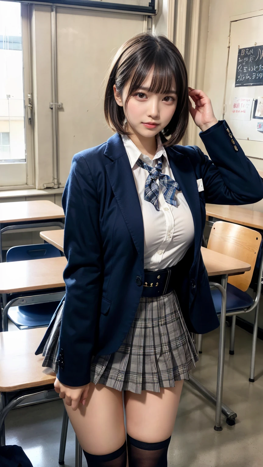masterpiece, best quality, illustration, Super detailed, fine details, High resolution, 8K,wall paper, perfect dynamic composition,(Details High quality, realistic depiction of eyes:1.3), from side, High School Classroom、High school girl uniform、blazer 、Super Short Check Uniform Skirt、Navy blue high socks、garterbelts、Colossal tits、Disturbed uniform, short bob hair, black hair color, huge breasts, Big Natural Color Lip, bold sexy pose, (perfect body shape), crying a little、Harajuku style、20 year old girl、 beautiful legs, hposing Gravure Idol, Voluptuous thighs