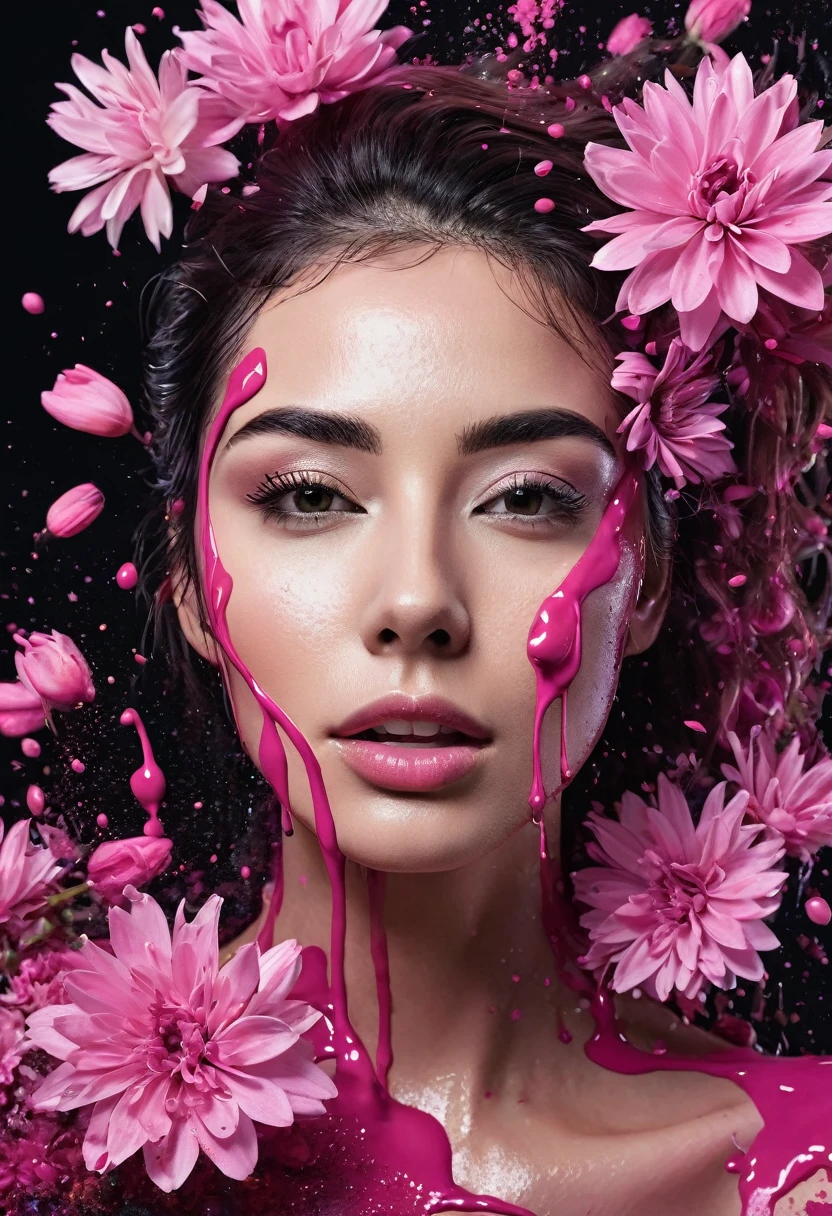 Photorealistic image of a woman mid shot, abstract background, black and pink gradient, made of flowers, paint spilling , ultra clear