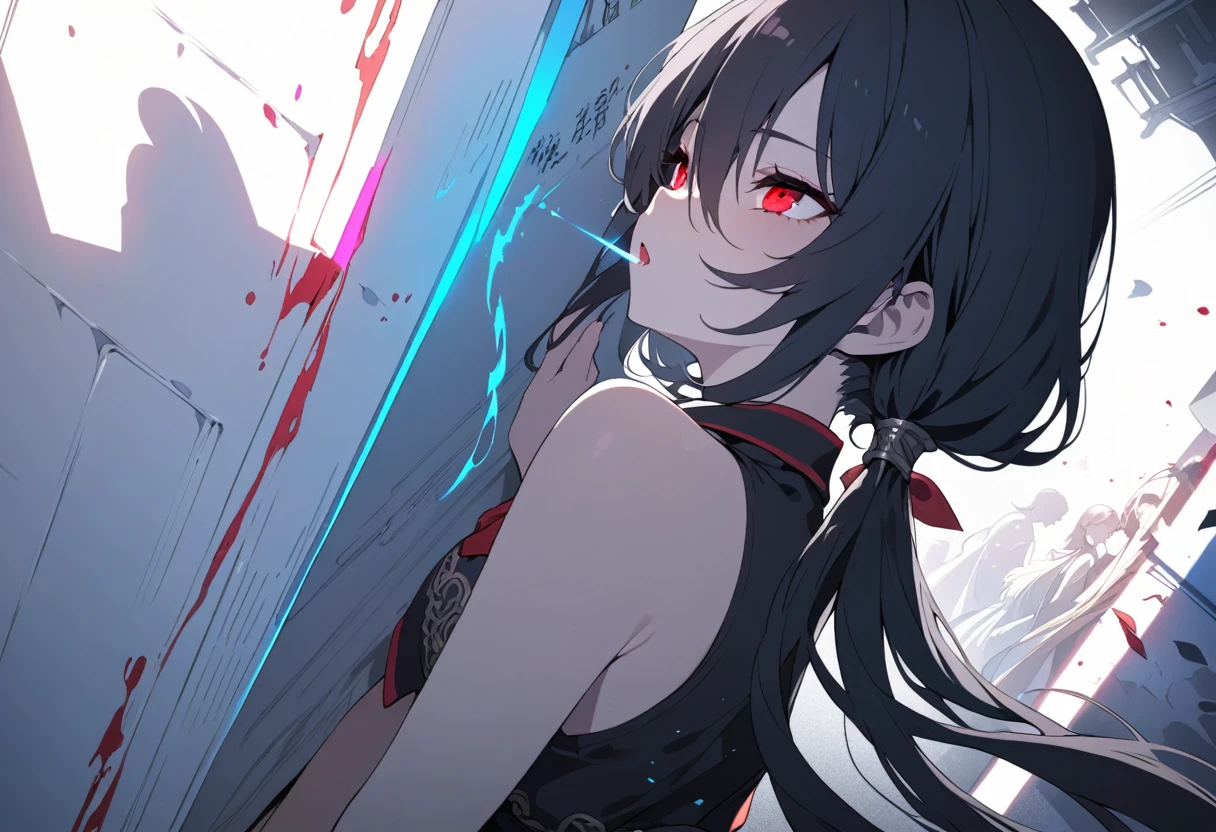 (masterpiece, Highest quality, Super detailed, Best Shadow), (Detailed Background,Dark fantasy), (Beautifully detailed face), High Contrast, (Best lighting, Very delicate and beautiful), ((Cinematic Light)), colorful, Hyper Detail, Dramatic Light, Intricate details, (1 Girl, alone,Black Hair, Sharp Face,Low twin tails,Red eyes, Hair between the eyes,Dynamic Angle), Blood splatter, Black light swirling around the character, Depth of written boundary,black light particles,Sexy、Small man ini skirt、kiss