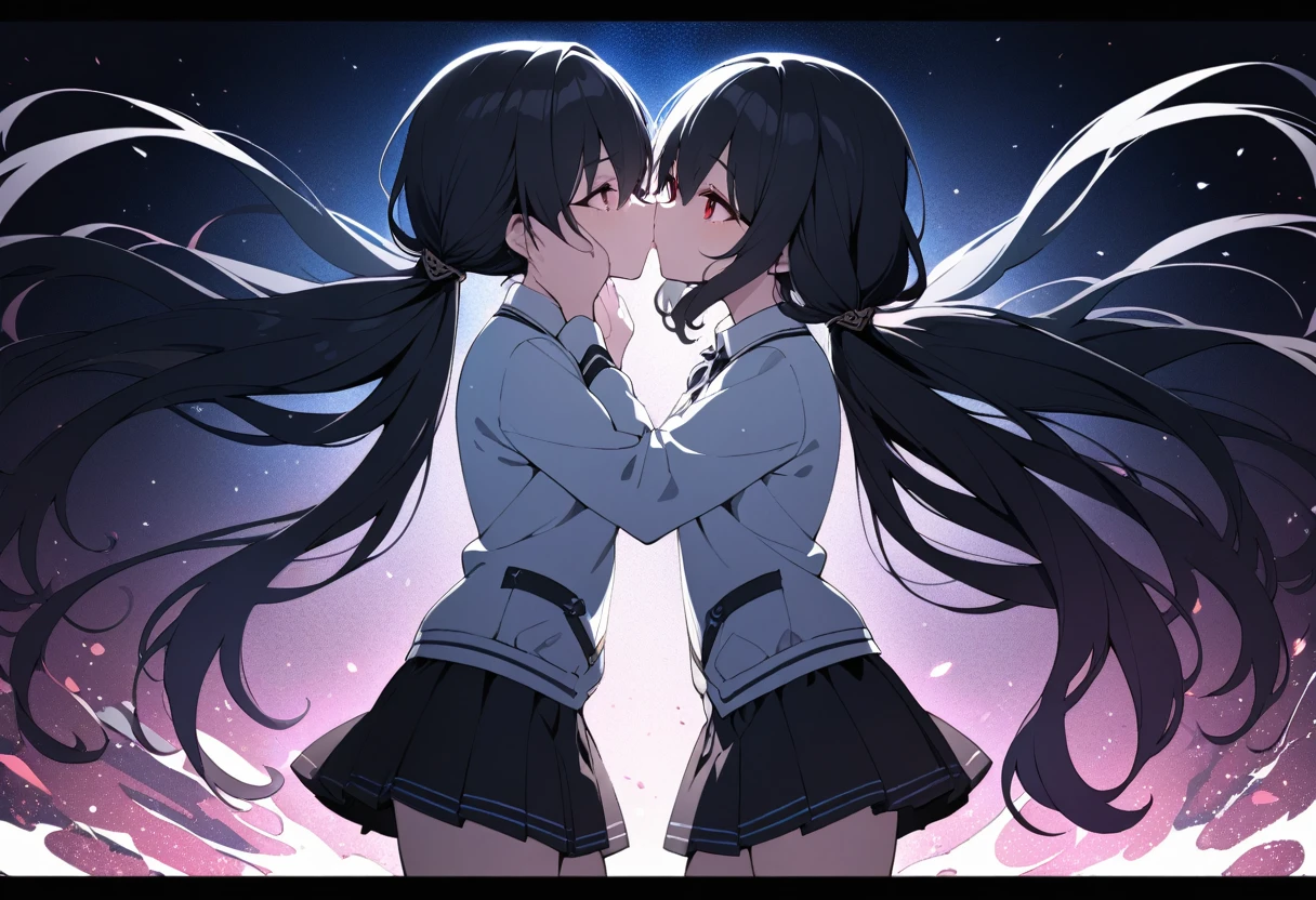 (masterpiece, Highest quality, Super detailed, Best Shadow), (Detailed Background,Dark fantasy), (Beautifully detailed face), High Contrast, (Best lighting, Very delicate and beautiful), ((Cinematic Light)), colorful, Hyper Detail, Dramatic Light, Intricate details, (1 Girl, alone,Black Hair, Sharp Face,Low twin tails,Red eyes, Hair between the eyes,Dynamic Angle), Blood splatter, Black light swirling around the character, Depth of written boundary,black light particles,Sexy、Small man ini skirt、kiss