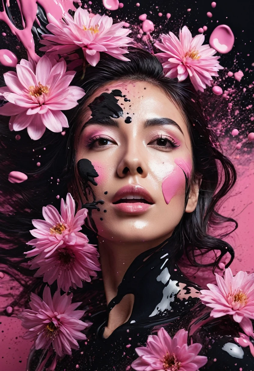 Photorealistic image of a woman mid shot, abstract background, black and pink gradient, made of flowers, paint spilling , ultra clear