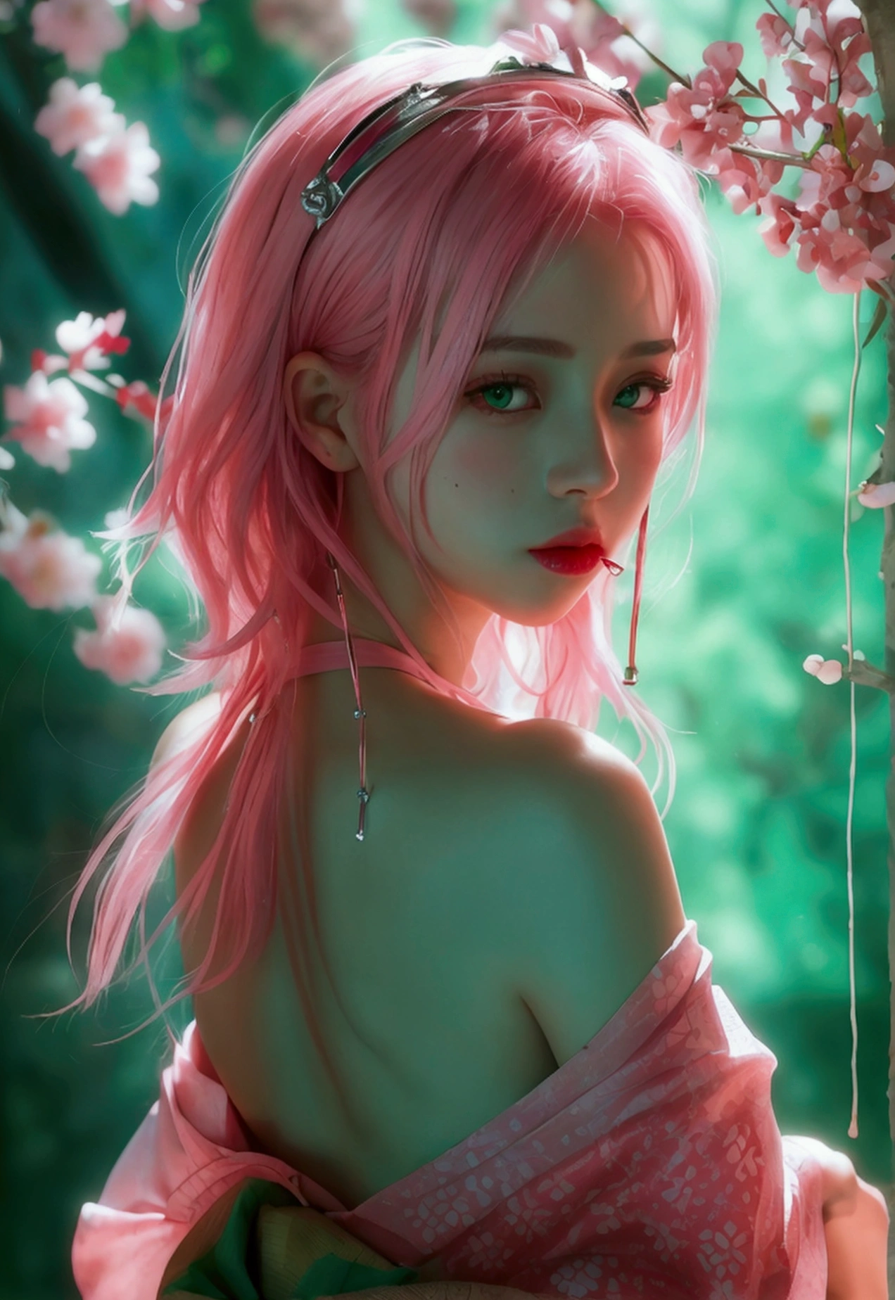 (masterpiece:1.2, best quality), 1girl,solo, large breasts, full body, headband, pink hair, short hair, green eyes, lipstick, red dress, bare shoulder, looking back, sakura, haruno_sakura, naked, sexy, transparent kimono.little pubic hair, silver pubic hair, white skin with a pinkish tint, beautiful lips, perfect mouth, pink eyes, wearing red sandals, perfect little feet, pink painted nails, holding a medical record in one hand (long pink nails), holding a syringe in the other hand, orgasmic face, clear liquid dripping from her pussy.