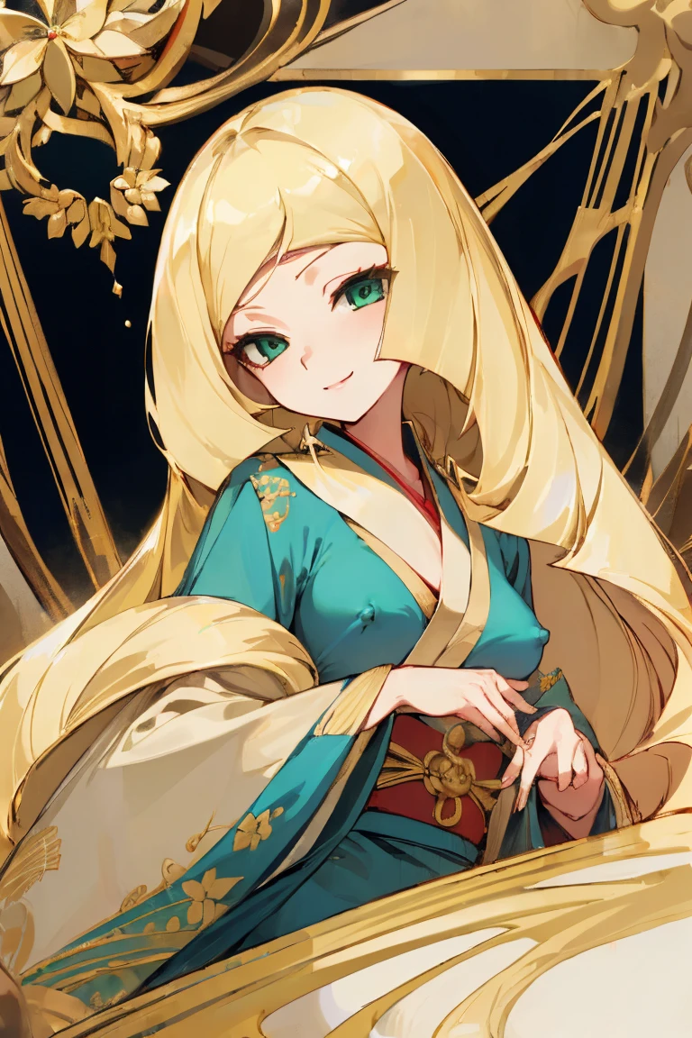 ((Highest quality)), ((masterpiece)), (Familiar), Lusamine,thin,Long blonde hair,Small breasts,Small breasts,Erect nipples,Adult female,Green Eyes,Slanted Eyes,kimono,華麗な赤いkimono,Gold embroidery,hairpin,Captivating smile
