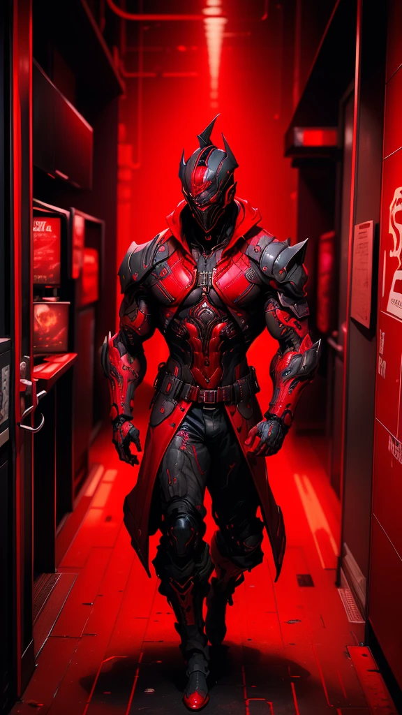a man in a red jacket and black pants standing in a dark room, wearing cultist red robe, crimson attire, character from mortal kombat, as a character in tekken, fighting game character, cyberpunk assassin, red hooded mage, cyberpunk outfits, crimson clothes, the red ninja, wearing leather assassin armor, an edgy teen assassin, cool red jacket, cyberpunk street goon