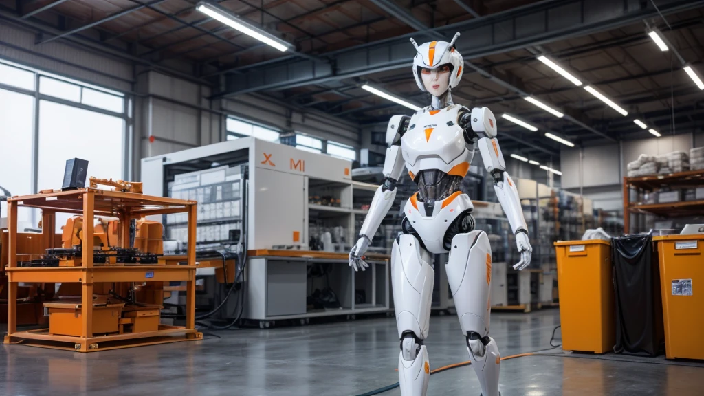 Create realistic image of humanoid robots in white and orange colors by manufacturing parts and other robots in a Xiaomi factory