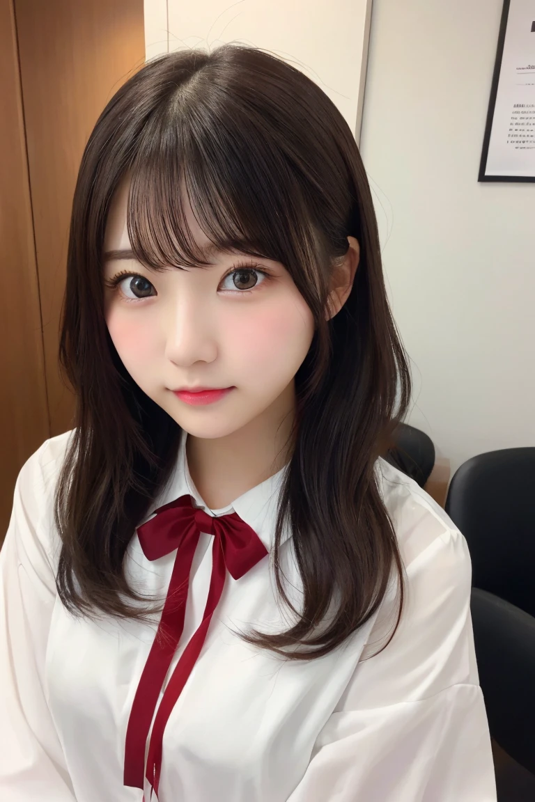 japanese、Highest quality, (beautiful)、Very delicate eyes、Brown eyes、22-year-old female、office、Date、Semi-long hair、Red ribbon、cheeks are slightly plump、(((whole body)))、As if looking up from below