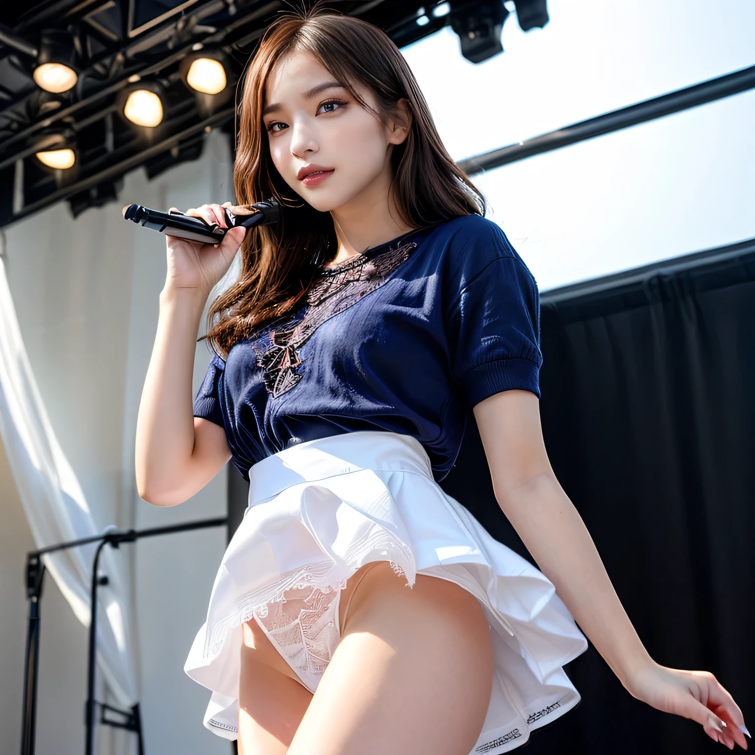 {{An 18-year-old girl}} ,,{ A white skirt fluttering in the strong wind:1..2} ,{{White tight shirt:1.2}},
BREAl,{Holding a microphone}} , Execute ,{{{White lace visible under the skirt 1.2}}} , Beldelfinn, on stage, ,
BREAK , whole body,Pretty face, {{Double eyelid eyeshadow}}