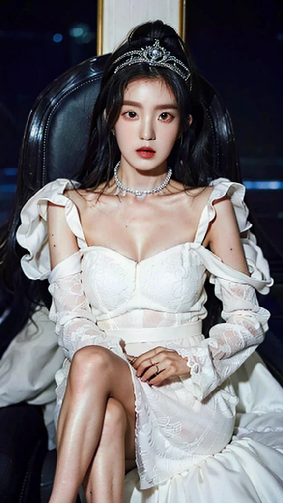ultra realistic, perfects eyes, detailed black sexy princess dress, black crown on head, SITTING ON A THRONE, best qualityer, slim, look at the serious camera, full body, white hair