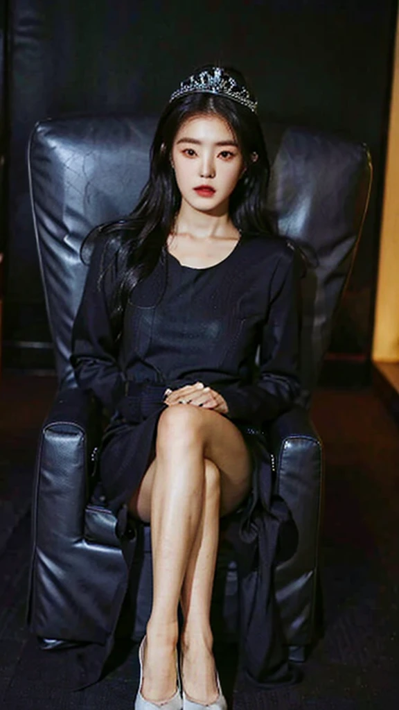 ultra realistic, perfects eyes, detailed black sexy princess dress, black crown on head, SITTING ON A THRONE, best qualityer, slim, look at the serious camera, full body, white hair