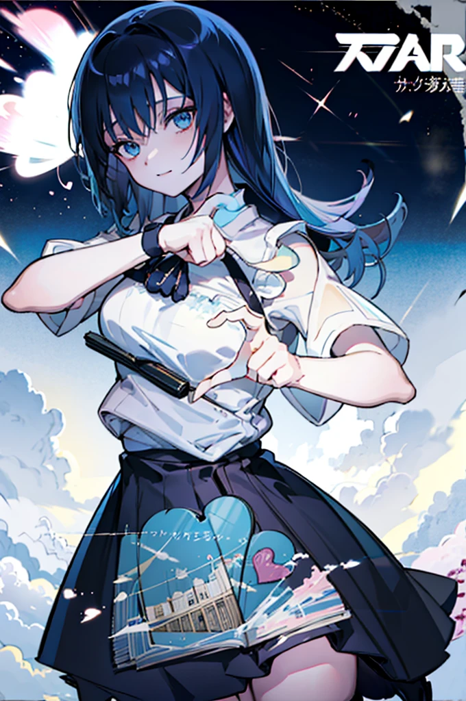 (1girl), shark girl, blue hair, blue eyes, Maid Dress, (Messy Japanese Round Haircut for Thick Hair), (blue hair), ((solo)), (magazine:1.3), (cover-style:1.3), fashionable, spoken heart, heart hands, light smile, looking at viewer, very aesthetic, absurdres, rating: general, newest, anime coloring, anime screencap, megami magazine, masterpiece, best quality, loraeyes,