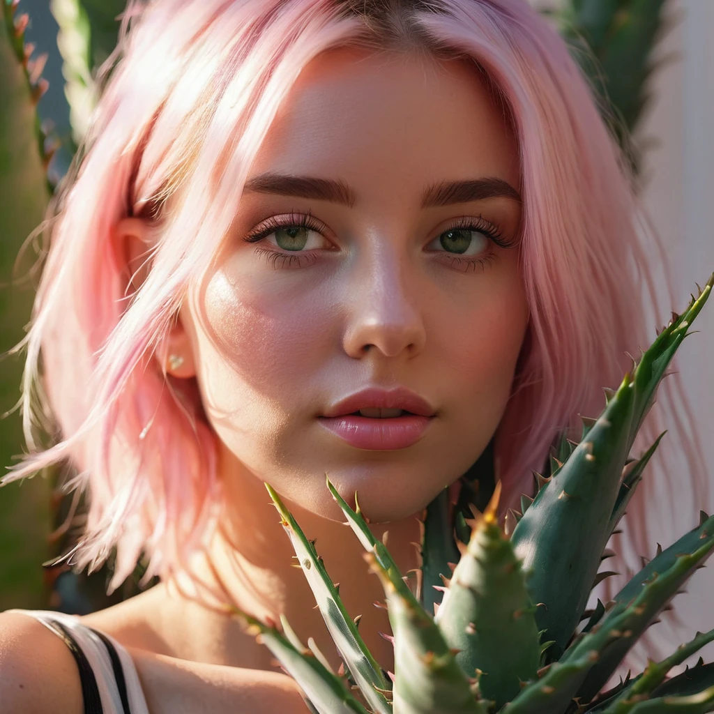close up portrait of a cute woman, light pink hair, y, (gldot) hold an aloe plant, (backlighting), realistic, masterpiece, highest quality, lens flare, shade, bloom, [[chromatic aberration]], by Jeremy Lipking, by Antonio J. Manzanedo, digital painting,
