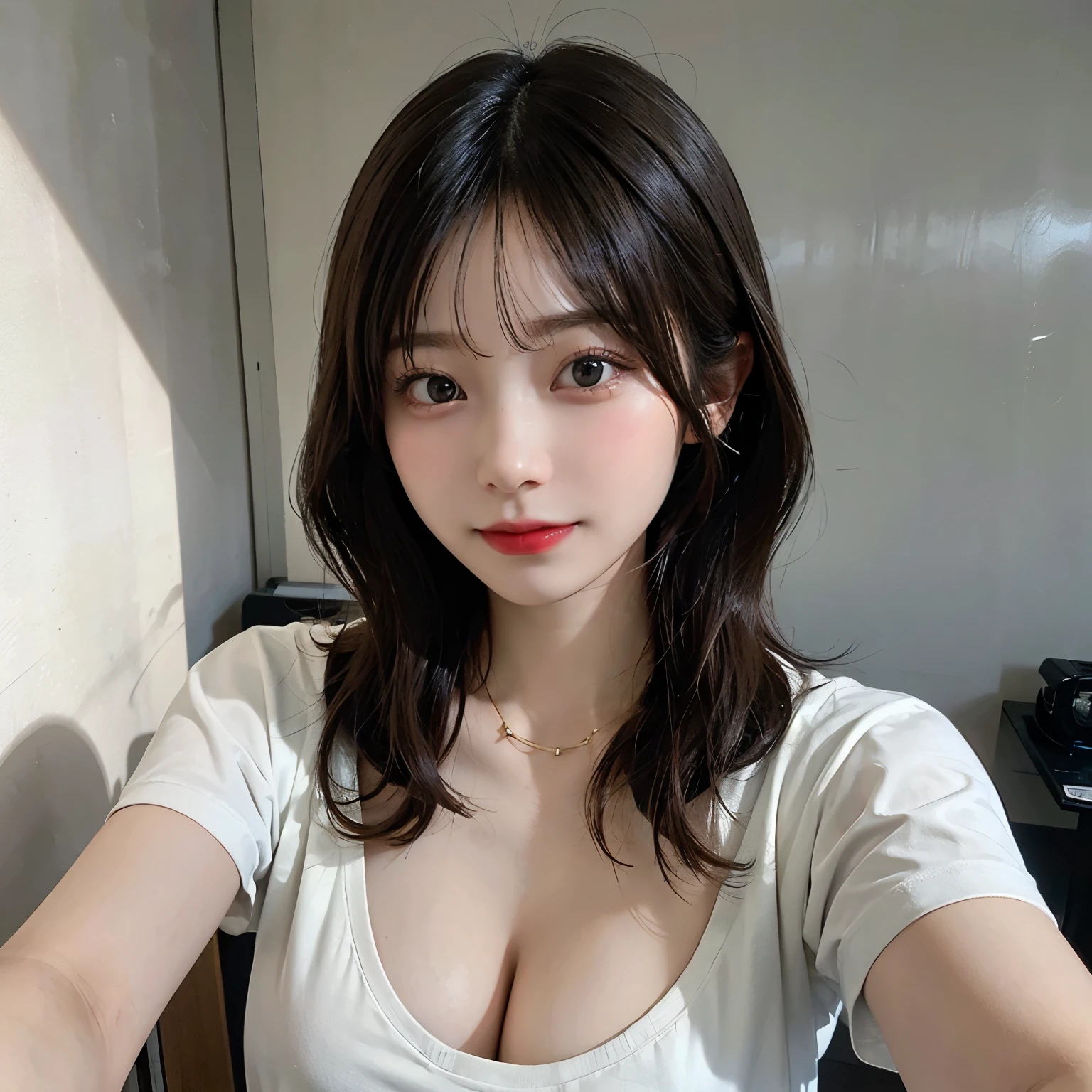 ((best quality)), ((masterpiece)), (detailed), perfect face. Asian girl. Selfie. Blank T-shirt. Bedroom wall. Cleavage.
