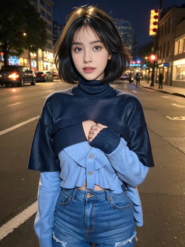 ((Best quality, 8K, Masterpiece: 1.3)), contour: 1.2, Perfect body beauty: 1.4, Butt: 1.2, ((Layered haircut, Round chest: 1.5) ), (night, Street: 1.3), blue turtleneck sweater: 1.1, Highly detailed face and skin texture, Beautiful eyes, Double eyelids, White skin, Long hair, (Silent: 1.3), Full close ,ultra HD,8K, full body perfect face, perfect body, night city street, from front,, two hands in front of chests, yuppy style, blue turtleneck sweater and fancy coat, dark denim jeans, leather boots, elegant, hyper realistic, contour of nipple is showing through sweater、Big Breasts