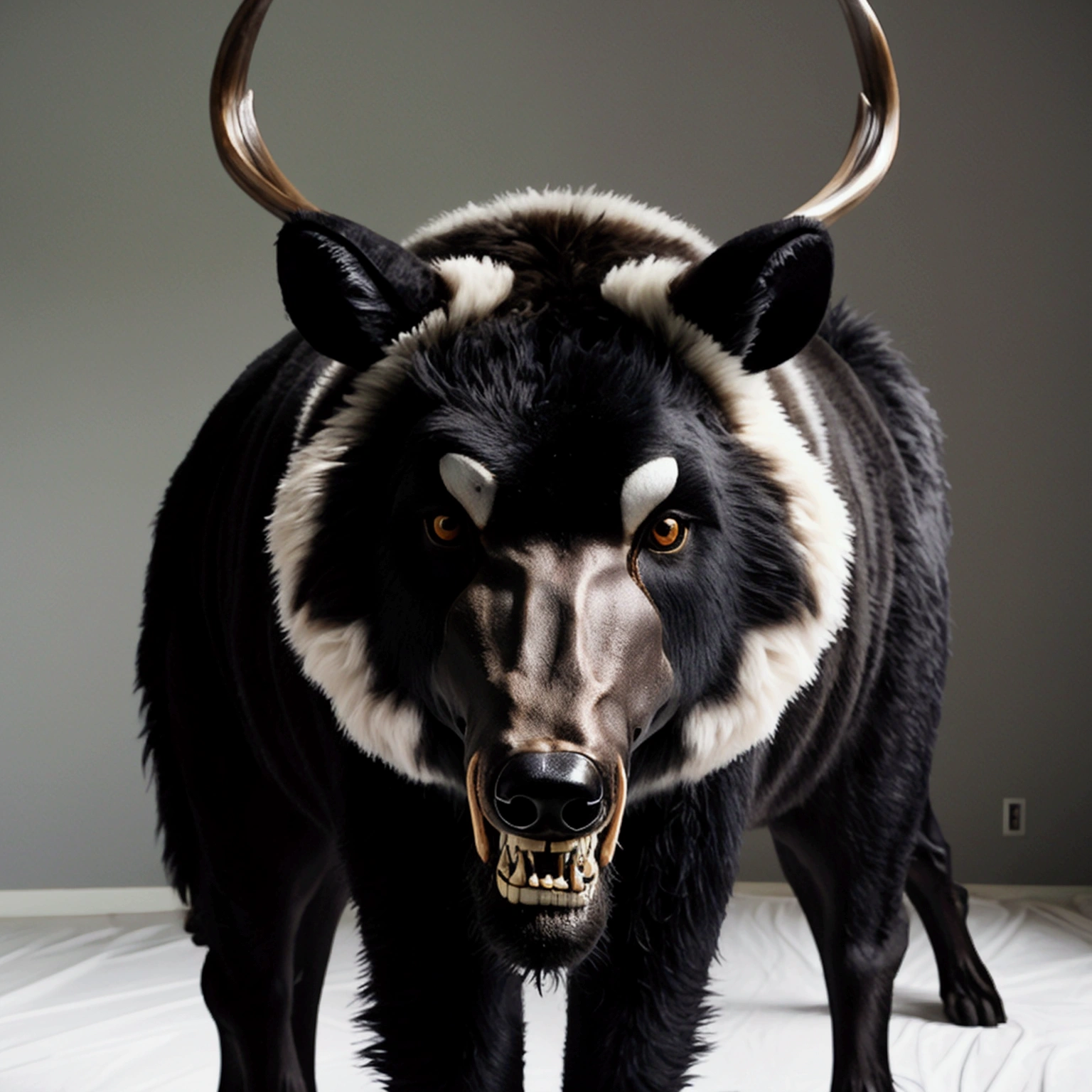Very tall, black deer wolf tiger bear hybrid with a skull head