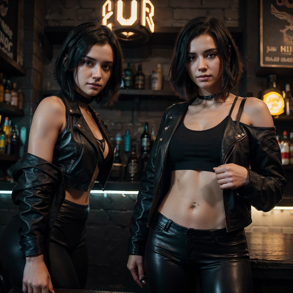 girl 21 years old, short shoulder-length hair, aeo hair color, wearing only a black leather jacket, black leggings, posing like a model, the surroundings are a dark pub, a cyberpunk 2077 style pub, a lot of neon lights, artificial smoke, poor lighting, professional photo session