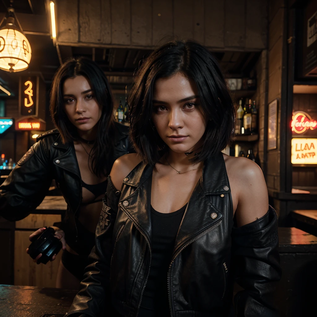 girl 21 years old, short shoulder-length hair, aeo hair color, wearing only a black leather jacket, black leggings, posing like a model, the surroundings are a dark pub, a cyberpunk 2077 style pub, a lot of neon lights, artificial smoke, poor lighting, professional photo session