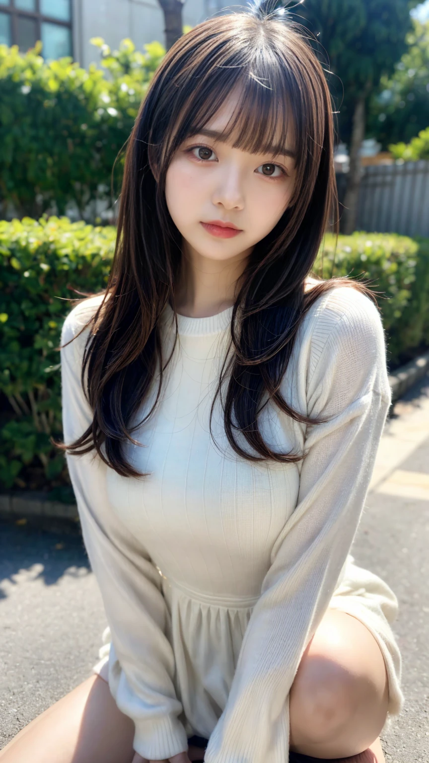 masterpiece, Best Quality, Illustration, Ultra-detailed, finely detail, hight resolution, 8K Wallpaper, Perfect dynamic composition, Beautiful detailed eyes, Tight Mini,Medium Hair,,Natural Color Lip, Randomly sexy poses,Harajuku、20 years girl、Cute、Sexy shot looking at camera,Cute long-sleeved dress,Slender face,Slender body,Background blur