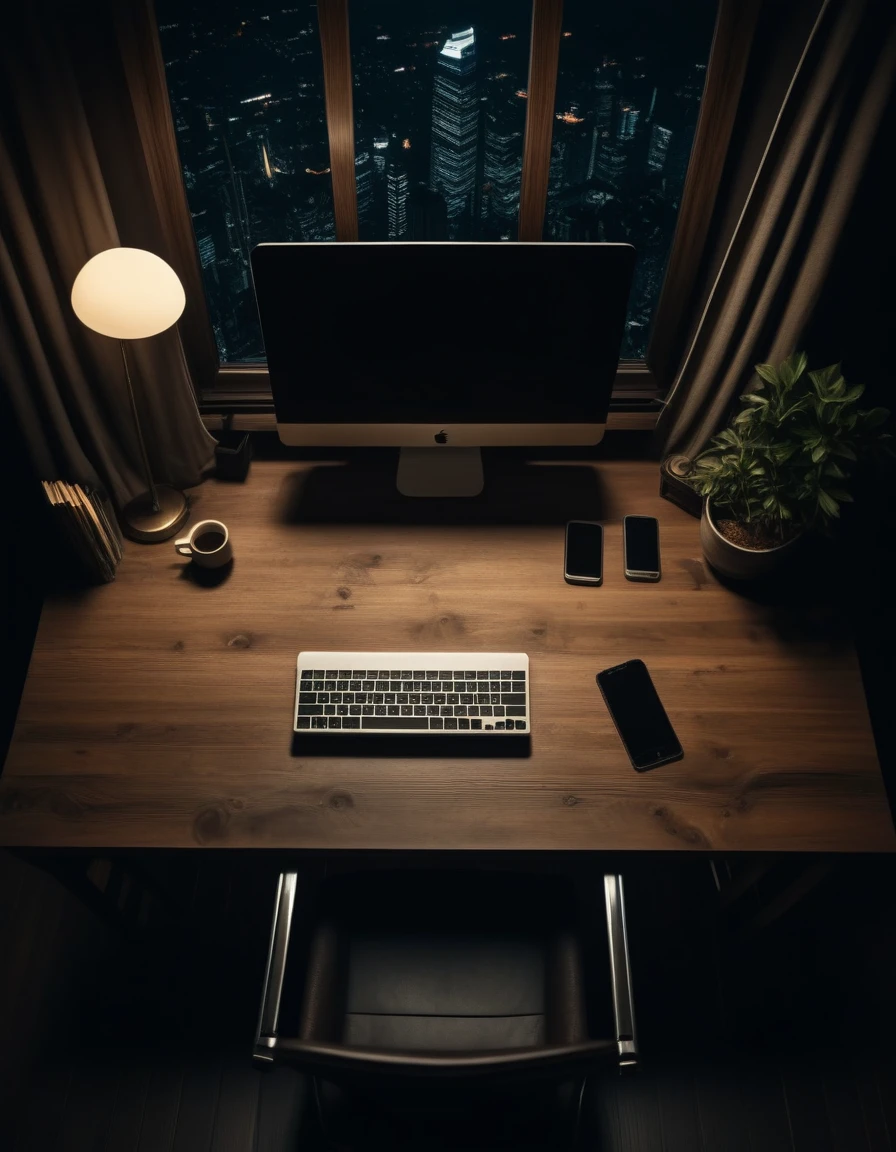 NIGHT, DARK,empty desk,top point of view, picture taken from up, cinematic, large wooden desk
