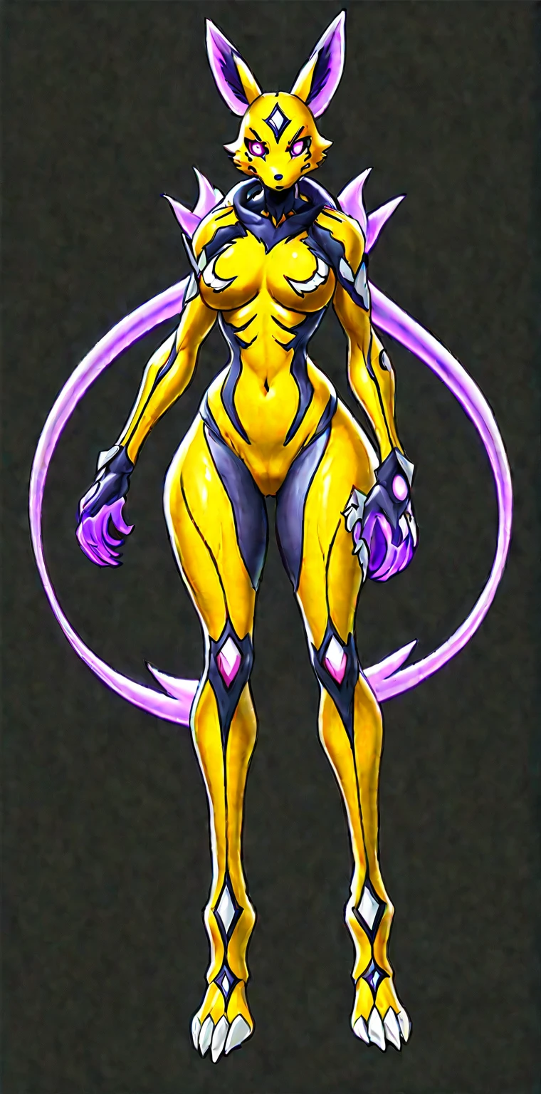 ((Whole body):1.5), NSFW,browsing caution, whole body concept art, {(((1 Woman fused with renamon))}, {Wear renamon Skin's full body suit and renamon Skin's full face mask)}, {((Fusion with renamon))}, {((Life Clothes)}, {((Fallved into Evil, Fox Monster)}, {((Yellow Full Skin Suit))}, 16K, High quality, Attention to details, Ultra High Resolution,Full-body concept art, 1 woman,A figure fused with a dragon, witch blade motivism, evil fall, symbiote skin, Blood vessels floating all over the body, yellow and purple full body suit, enemy woman, bio full skin suit, high image quality, real, high detail, 16K, purple gloves, renamon bodysuit, fortified suit, glossy, digimon, goddess, mature female, mistress, fox mask, masterpiece, more_details:-1, more_details:0, more_details:0.5, more_details:1, more_details:1.5