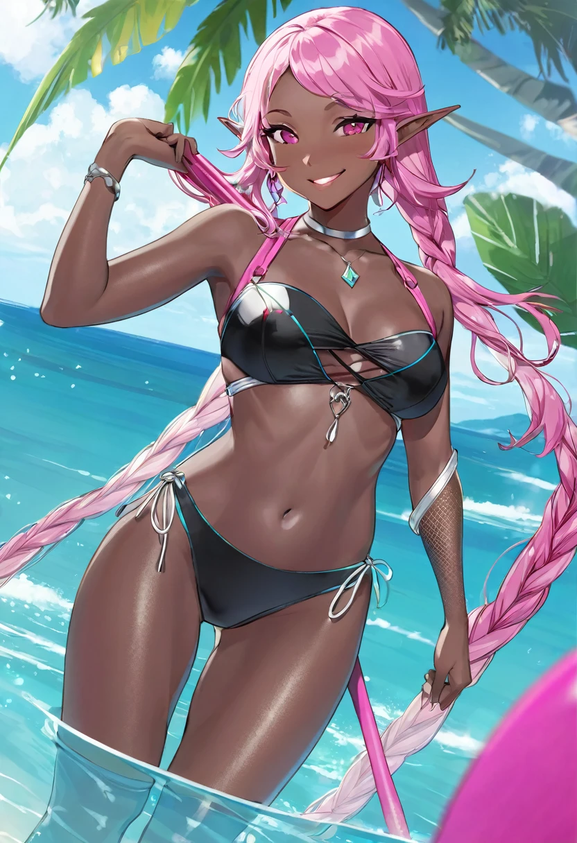 (pov Swimwear style) (beautiful body), (black skin, solo:2, 1000 yo, Braid pink hair long hair cool elf woman, cool gray eyes, ecstasy smile, love mode, small tits), (in a sexy:1.5 detailed bandeau swimsuit, Ruby double exposure:1.1), break, in the Swimsuit contest venue, background detailed beautiful Coast, BREAK, perfect anatomy, masterpiece, best quality, 16k, beautiful detailed love, sexy, daydreaming expression.