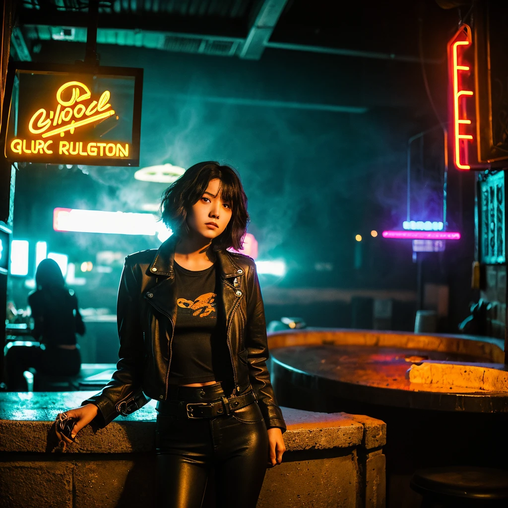 girl 21 years old, short shoulder-length hair, aeo hair color, wearing only a black leather jacket, black leggings, posing like a model, the surroundings are a dark pub, a cyberpunk 2077 style pub, a lot of neon lights, artificial smoke, poor lighting, professional photo session