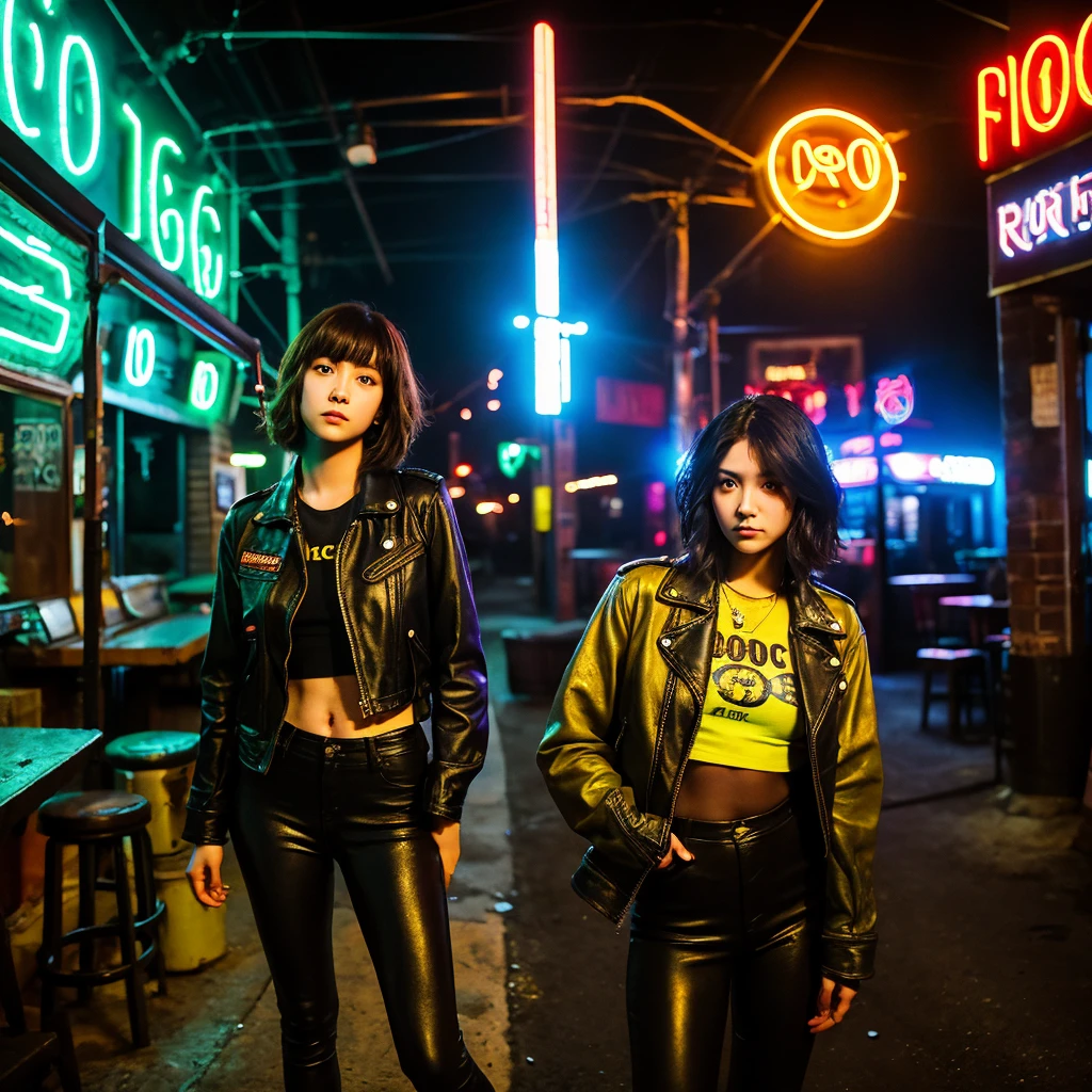 girl 21 years old, short shoulder-length hair, aeo hair color, wearing only a black leather jacket, black leggings, posing like a model, the surroundings are a dark pub, a cyberpunk 2077 style pub, a lot of neon lights, artificial smoke, poor lighting, professional photo session