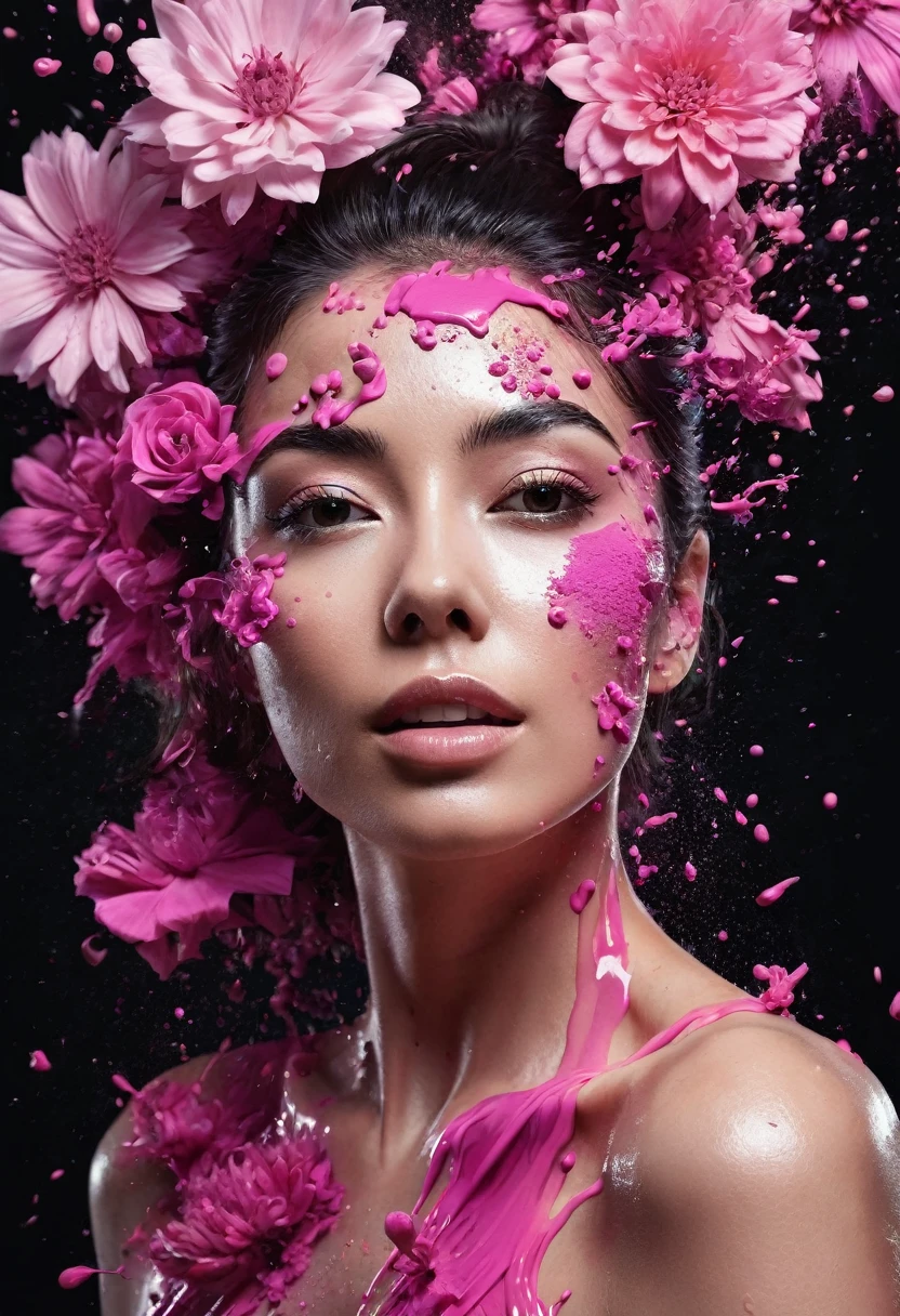 Photorealistic image of a woman mid shot, abstract background, black and pink gradient, made of flowers, paint spilling , ultra clear