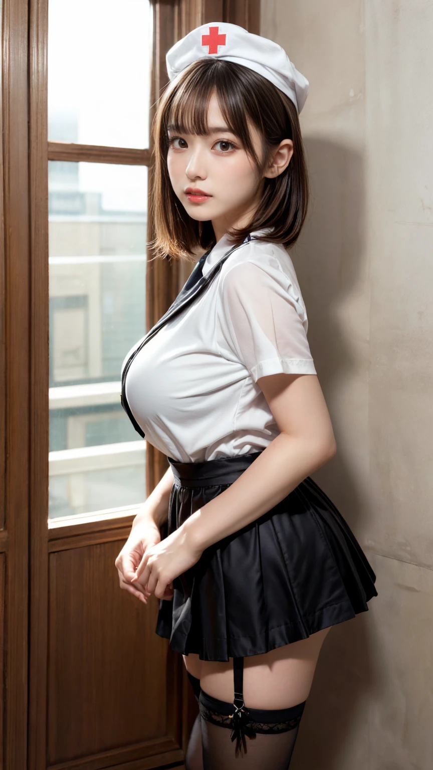 masterpiece, best quality, illustration, Super detailed, fine details, High resolution, 8K,wall paper, perfect dynamic composition,(Details High quality, realistic depiction of eyes:1.3), Hospital Rooms、White nurse cap、White tights、White nurse uniform、to stand、Hand skirt、Flipping up a white skirt, large breasts,short bob hair, black hair color, Big Natural Color Lip, bold sexy pose, crying a little、Harajuku style、20 year old girl、cute type、ta、beautiful legs, hposing Gravure Idol