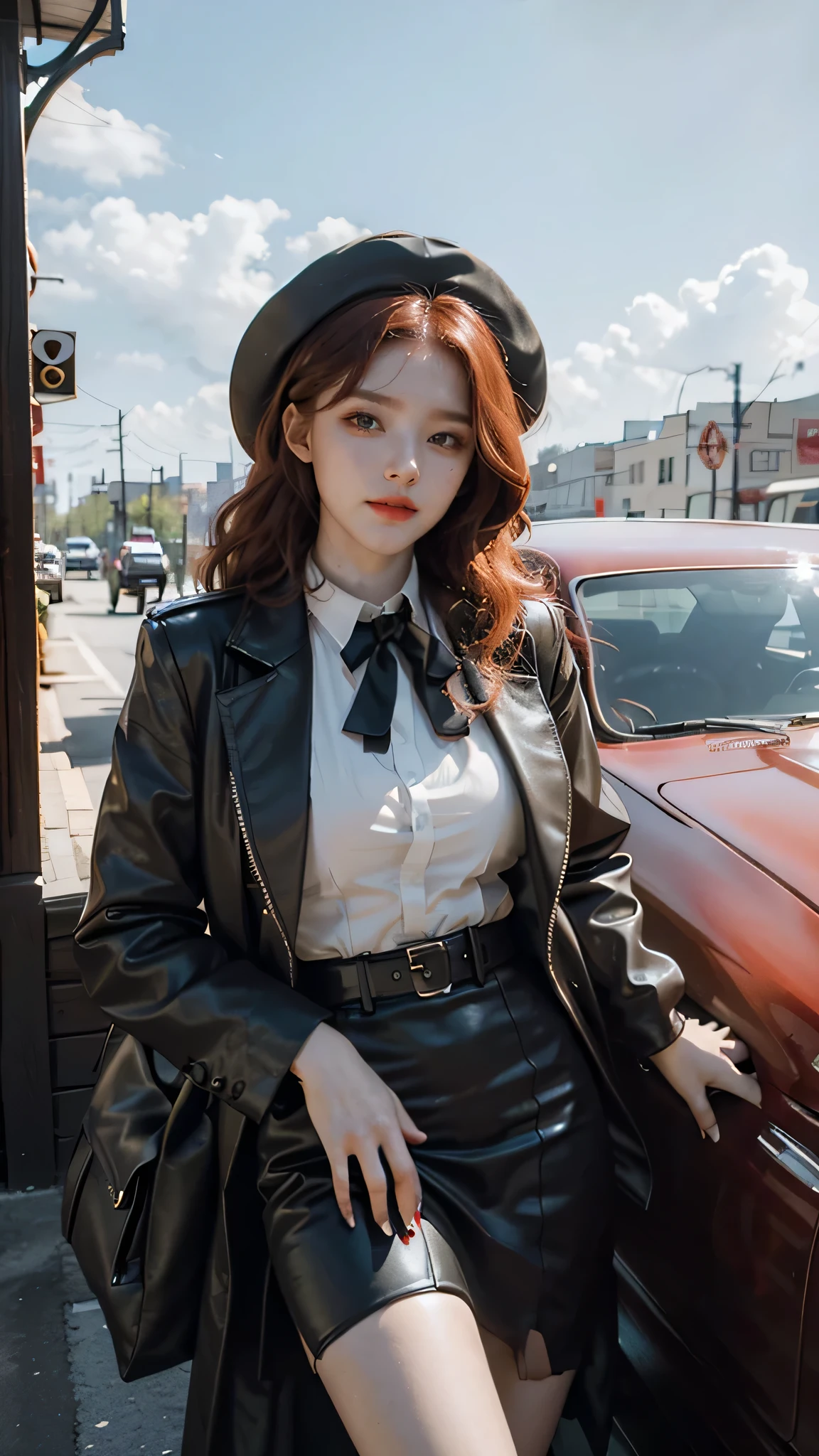 masterpiece, pale skin, red lips, light eyes, eyeshadow, front shot a beautiful red-haired woman with medium curly hair standing on the street holding a Thompson drum M1928A1, behind her a 1928 Cadillac Town Sedan left green, she wears a mafia suit with red and black colors, Skirt and jacket on her shoulders in mafia style, she also wears a hat, garter holder and heels, very detailed body, detailed car and clothes, chiaroscuro, natural daylight, highly detailed, her and the car focused on the image, upper body only