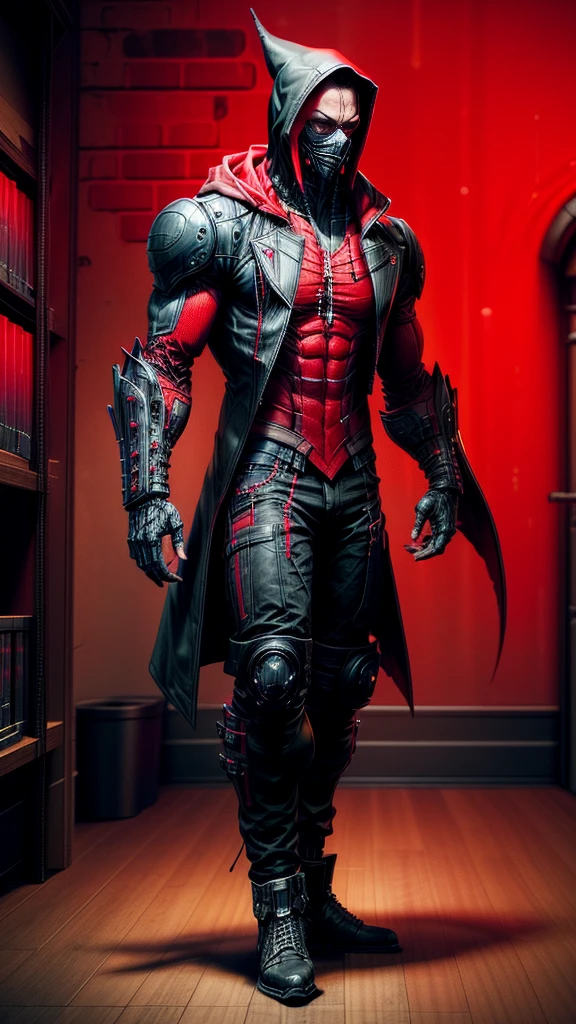a man in a red jacket and black pants standing in a dark room, wearing cultist red robe, crimson attire, character from mortal kombat, as a character in tekken, fighting game character, cyberpunk assassin, red hooded mage, cyberpunk outfits, crimson clothes, the red ninja, wearing leather assassin armor, an edgy teen assassin, cool red jacket, cyberpunk street goon