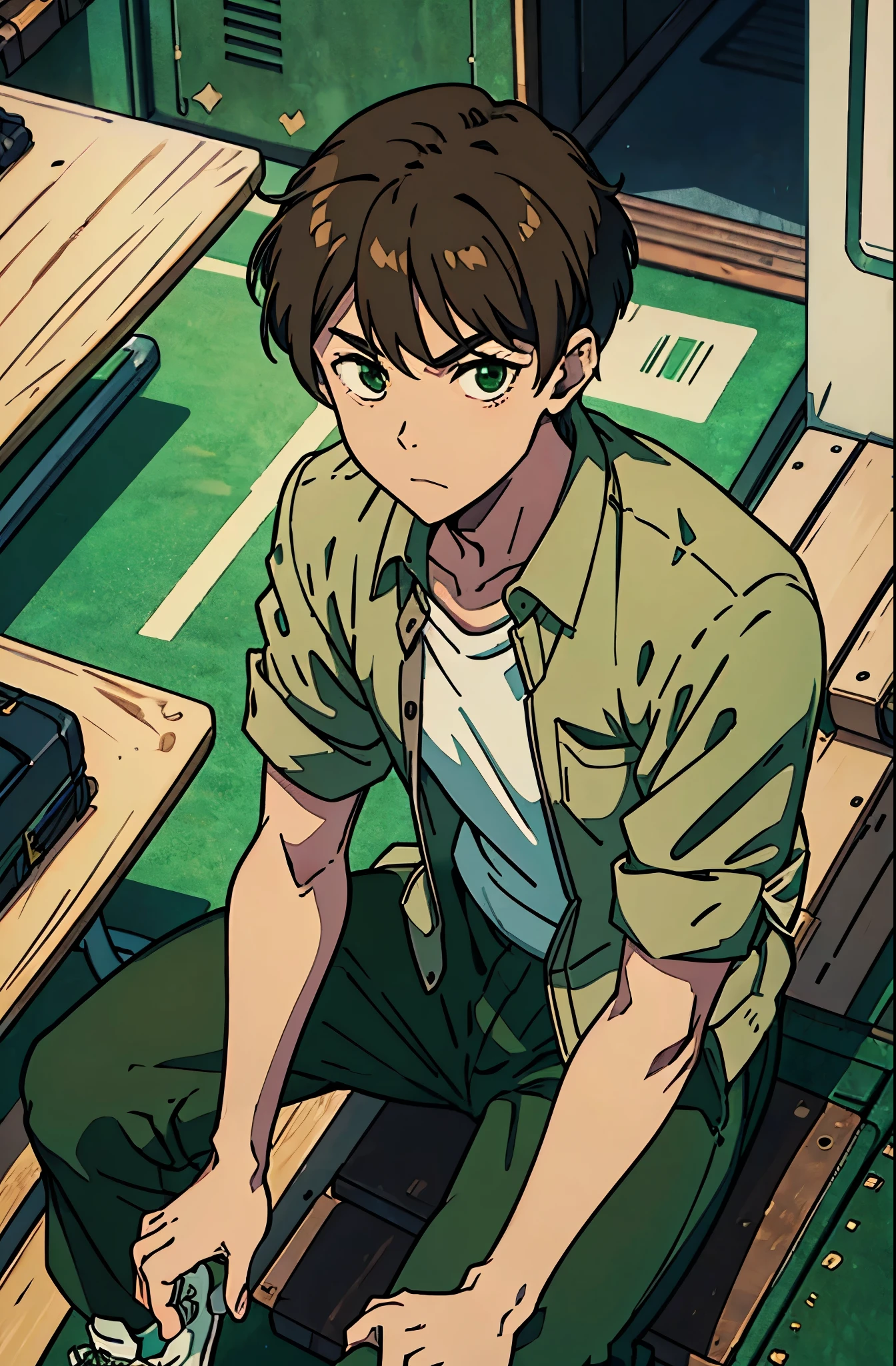 8k, original, 1boy, solo, illustration, mix, (single object), hd, absurdres, lora ((mappa studio style)), anime style, 2d, celshade style, digital art, short hair, sideswept hairstyle, (brown hair), ((dark green unbuttoned jacket shirt)), short sleeves,  (beige t-shirt) inside, (dark green pants with pockets), white shoes, at urban bridge, mid day, sit on big pipe, looking at left