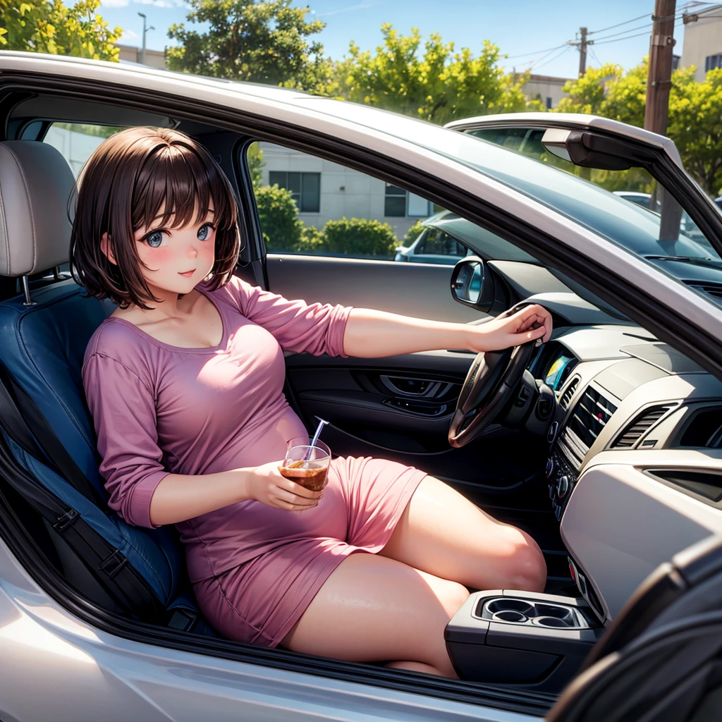 Chubby teenage girl with short brown hair driving a car and drinking alcohol.