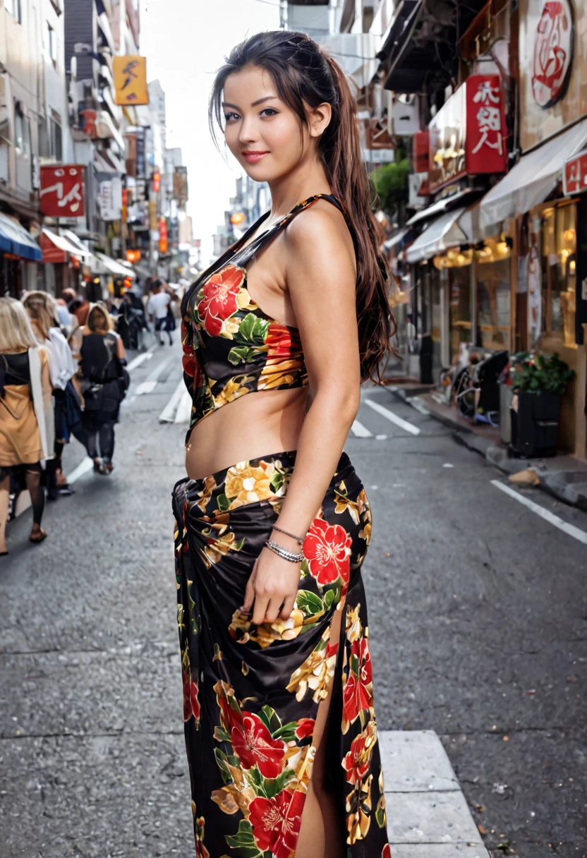 Sony Shoot,Japanese model Woman, dark Blond hair, dark color cloth, standing in middle of a street in California, Full shot, shot by Yashica Electro 35 GS, Lens 45mm F1.7, Kodak Portra 400