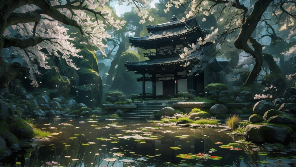Serene Japanese garden in Kyoto, lush greenery, tranquil pond with carp, traditional Japanese tiled flat roof, winding stone path, cherry blossom trees in bloom, (Best Quality,8k,High Resolution,Masterpiece:1.2),Super Detail, (Realistic,Photorealistic,Photorealistic:1.37),Detailed landscape, Natural light, Vivid colors, Serene atmosphere, Complex details) Vivid colors, Calm atmosphere, Intricate details)