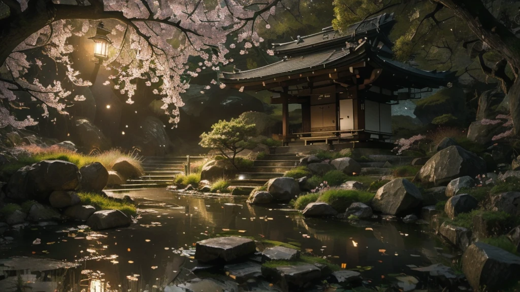 Serene Japanese garden in Kyoto, lush greenery, tranquil pond with carp, traditional Japanese tiled flat roof, winding stone path, cherry blossom trees in bloom, (Best Quality,8k,High Resolution,Masterpiece:1.2),Super Detail, (Realistic,Photorealistic,Photorealistic:1.37),Detailed landscape, Natural light, Vivid colors, Serene atmosphere, Complex details) Vivid colors, Calm atmosphere, Intricate details)