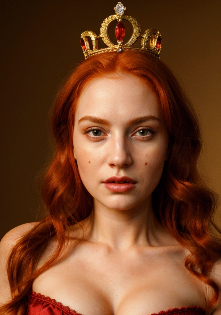 A young queen with a crown on her head, ((red hair)), small breasts, corset squeezing her breasts, angry expression, Pubic hair pussy,, (best quality,4k,8k,highres,masterpiece:1.2),ultra-detailed,(realistic,photorealistic,photo-realistic:1.37),HDR,UHD,physically-based rendering,extreme detail description,professional,bokeh,portrait