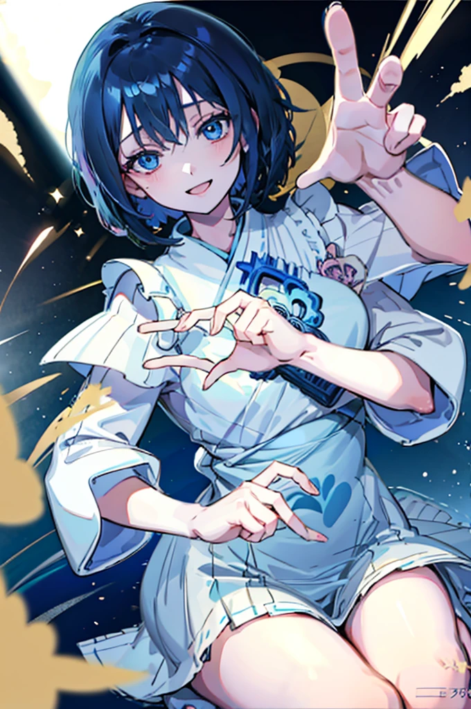 (1girl), blue hair, blue eyes, Maid Dress, (Messy Japanese Round Haircut for Thick Hair), (blue hair), ((solo)), (magazine:1.3), (cover-style:1.3), fashionable, spoken heart, heart hands, light smile, looking at viewer, very aesthetic, absurdres, rating: general, newest, anime coloring, anime screencap, megami magazine, masterpiece, best quality, loraeyes,