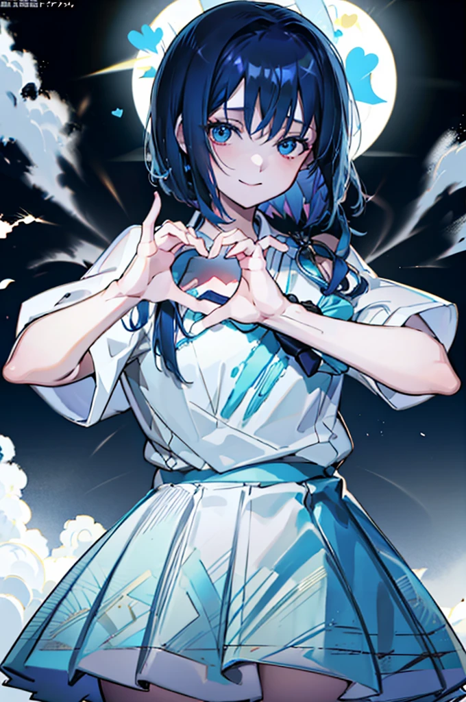 (1girl), blue hair, blue eyes, Maid Dress, (Messy Japanese Round Haircut for Thick Hair), (blue hair), ((solo)), (magazine:1.3), (cover-style:1.3), fashionable, spoken heart, heart hands, light smile, looking at viewer, very aesthetic, absurdres, rating: general, newest, anime coloring, anime screencap, megami magazine, masterpiece, best quality, loraeyes,