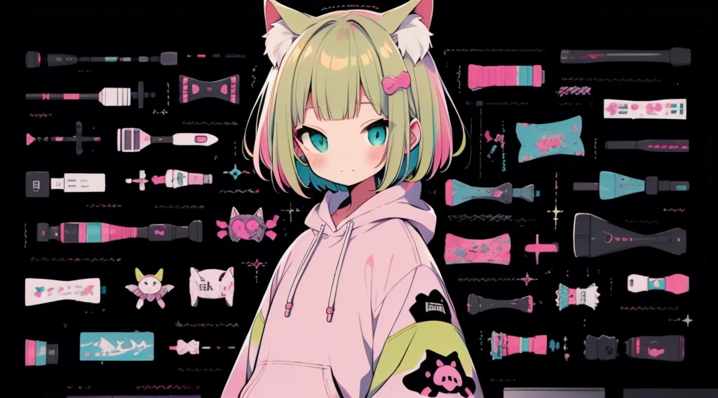 Pink hoodie、high quality、Colorful color palette、high resolution、pretty girl、 Pink hoodie、An unprecedented number of draws、Anime Style、Geometric background、Sticker Style、short hair、Blonde、Turquoise Eyes, Messy Hair, Pink hoodie、Cat ears of the same color as the hair、front, Hands posing, Until death, Bondage, Baggy clothes