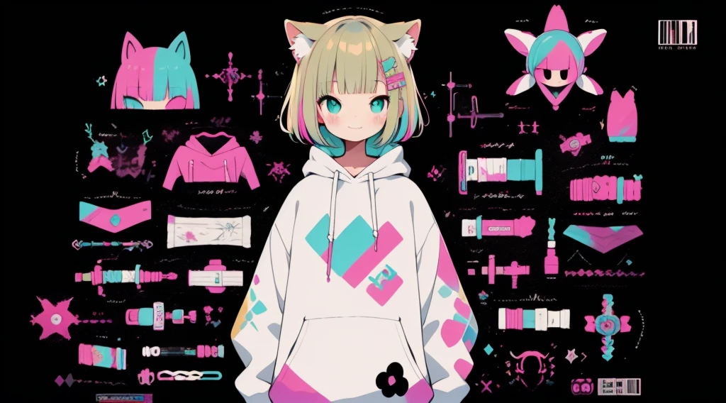 Pink hoodie、high quality、Colorful color palette、high resolution、pretty girl、 Pink hoodie、An unprecedented number of draws、Anime Style、Geometric background、Sticker Style、short hair、Blonde、Turquoise Eyes, Messy Hair, Pink hoodie、Cat ears of the same color as the hair、front, Hands posing, Until death, Bondage, Baggy clothes