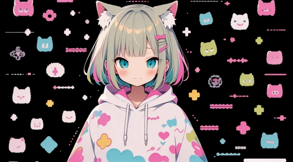  Pink hoodie、high quality、Colorful color palette、high resolution、pretty girl、 Pink hoodie、An unprecedented number of draws、Anime Style、Geometric background、Sticker Style、short hair、Blonde、Turquoise Eyes, Messy Hair, Pink hoodie、Cat ears of the same color as the hair、front, Hands posing, Until death, Bondage, Baggy clothes