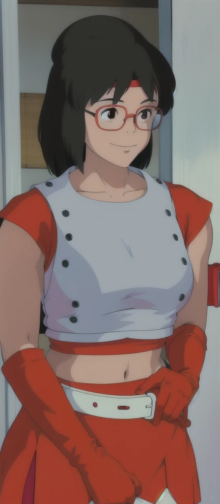 Yumiko Itaya, girl, idol group, red outfit, white sleeveless top, red gloves, red skirt, white belt, red leggings, breasts, medium hair, black hair, glasses, headband, 80s, little smile,