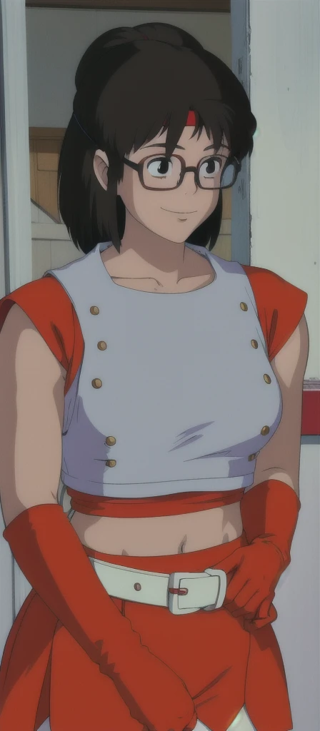 Yumiko Itaya, girl, idol group, red outfit, white sleeveless top, red gloves, red skirt, white belt, red leggings, breasts, medium hair, black hair, glasses, headband, 80s, little smile,