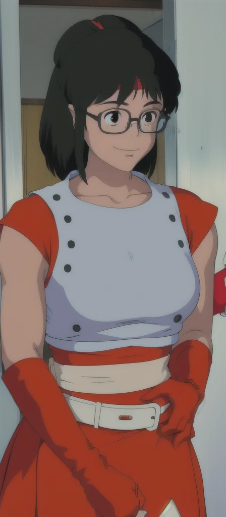 Yumiko Itaya, girl, idol group, red outfit, white sleeveless top, red gloves, red skirt, white belt, red leggings, breasts, medium hair, black hair, glasses, headband, 80s, little smile,