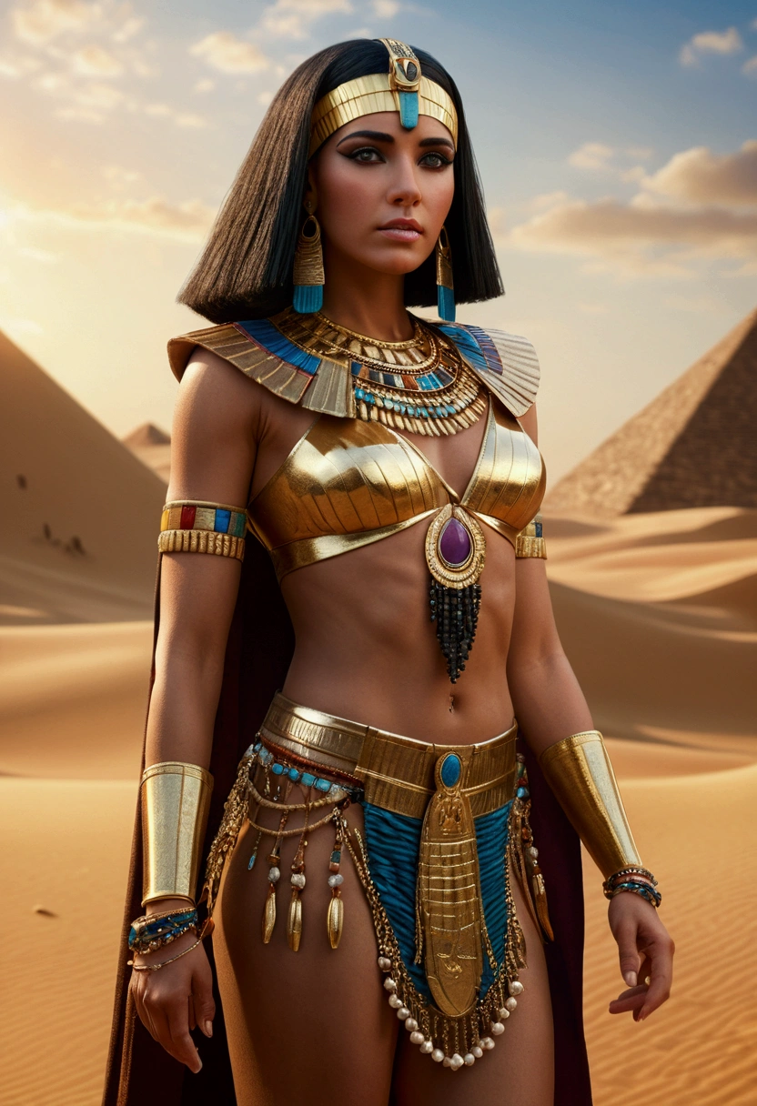 cleopatra, desert princess, looking at viewer, full body, barefeet, abs, jewels, crop-top, loincloth, standing, (best quality,4k,8k,highres,masterpiece:1.2),ultra-detailed,(realistic,photorealistic,photo-realistic:1.37),portrait, fantasy, intricate details, dramatic lighting, vivid colors, warm color tone, cinematic