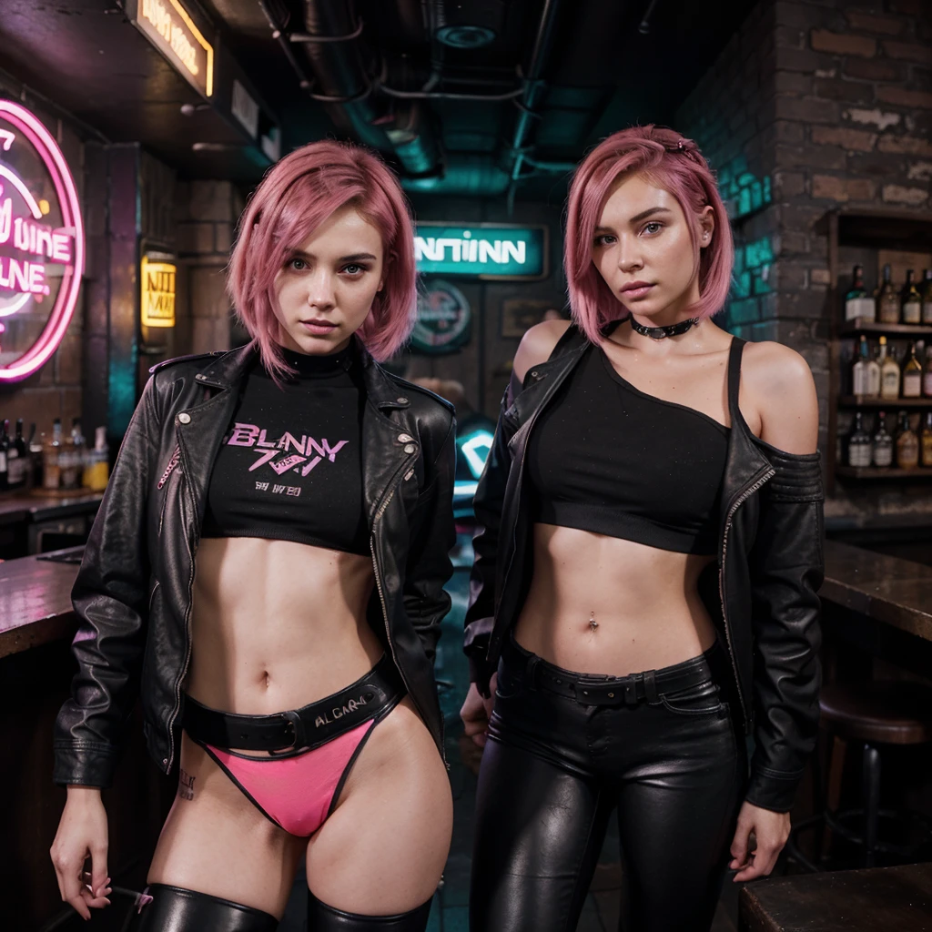 girl 21 years old, short shoulder-length hair, pink hair color, wearing only a black leather jacket, black leggings, posing like a model, the surroundings are a dark pub, a cyberpunk 2077 style pub, a lot of neon lights, artificial smoke, poor lighting, professional photo session