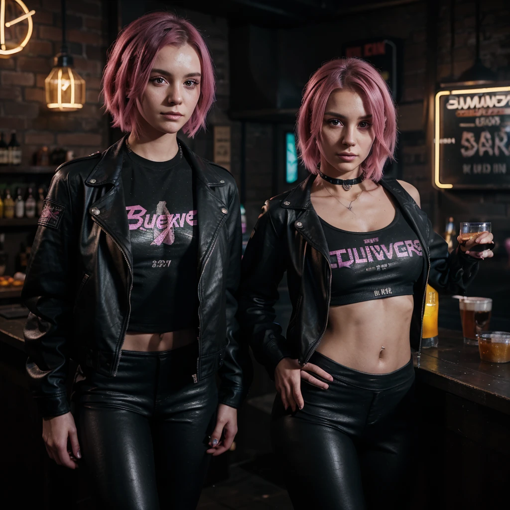 girl 21 years old, short shoulder-length hair, pink hair color, wearing only a black leather jacket, black leggings, posing like a model, the surroundings are a dark pub, a cyberpunk 2077 style pub, a lot of neon lights, artificial smoke, poor lighting, professional photo session