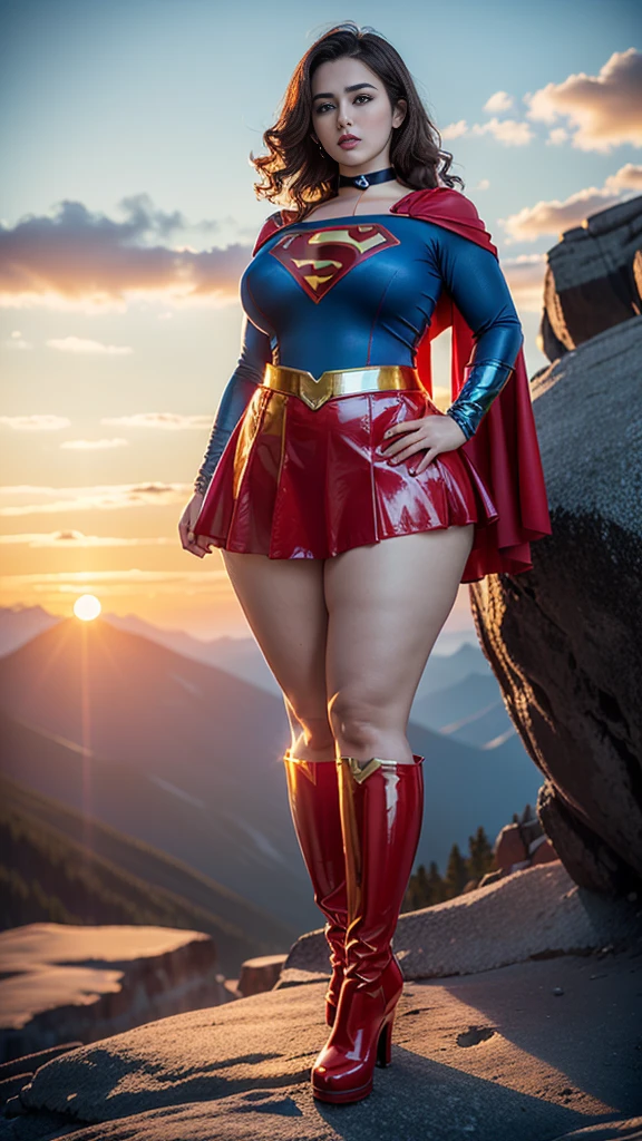 masterpiece, (shoulder length curly brunette hair, Supergirl) ((Standing in the middle TOP OF A HIGH ROCKY MOUNTAIN, SUNSET, BLUE SKY,)) with legs spread、large full breasts、Looking at the camera、Glossy enamel costume、Glossy bright red enamel long boots、Shiny red skirt、Glossy bondage、a choker、Large open legs, (chubby:1.2), (huge breasts:1.1), (wide hips:1.3)