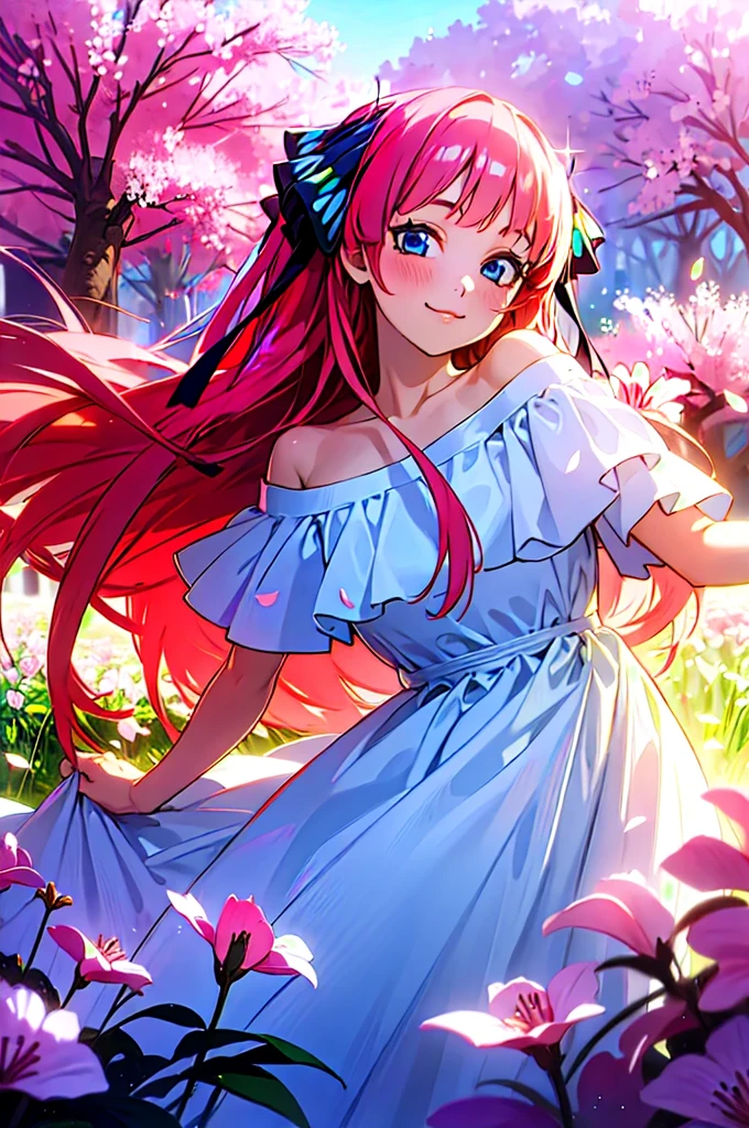 Best quality, masterpiece, ultra high res, (photorealistic:1.4), raw photo, 1girl, white dress, off shoulder, blossom flower field, glowing skin, light smile, nino nakano, pink red long hair, shoulder, blue eyes, hair ribbons