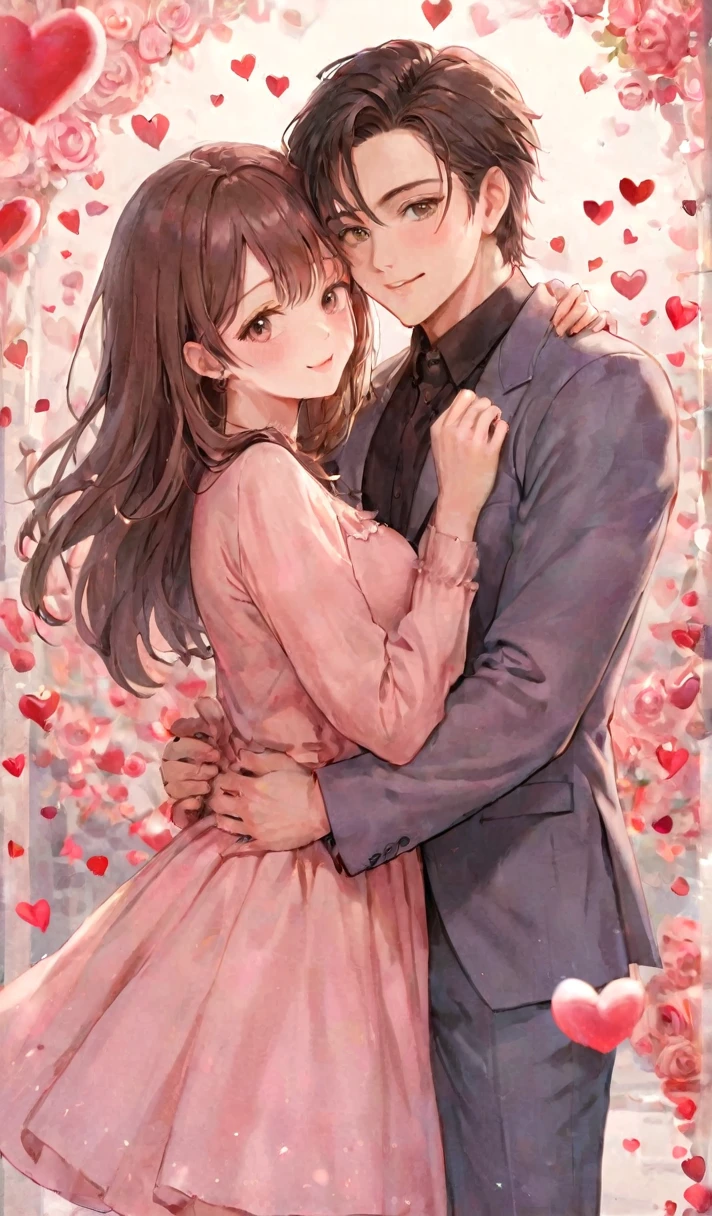 An attractive couple poses lovingly for a Valentine's Day day themed photo shoot together. This man is very handsome, The woman is very beautiful. Whether it is the people, and its surroundings, Extremely detailed, high resolution, crisp, focus. Valentine's Day, pink, High contrast, Vibrant colors, sakura trees and blossoms pink